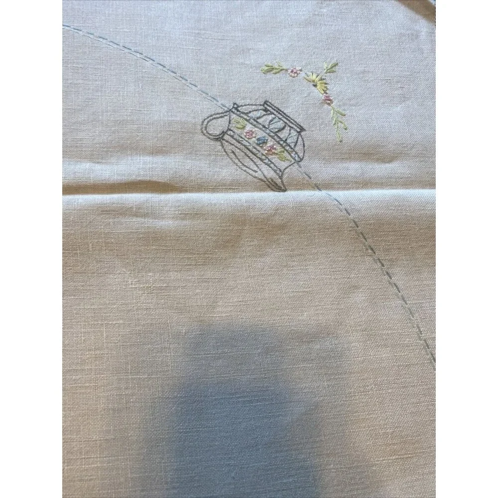 Vintage Table Cloth Linen Ivory Blue Flowers Pitcher Square  35